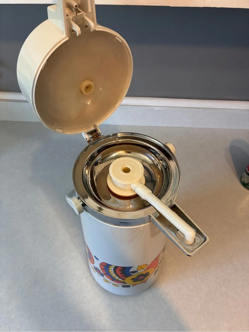 Vintage Air Pot Thermos Pump Drink Dispenser MCM Colorful Partridge Birds